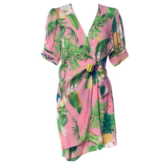 Farm Rio Pink Tropical Floral Wrap Dress Puff Sleeve Tie Waist Size M - Picture 2 of 12